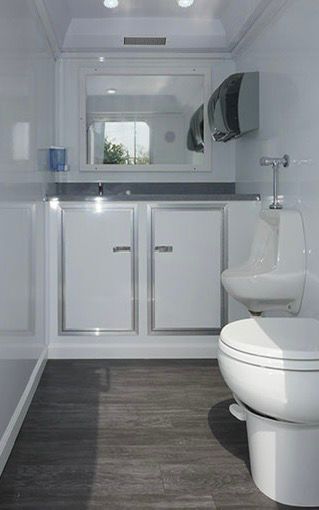 Bright accessible restroom with white cabinetry, a comfort-height toilet and wood-look flooring